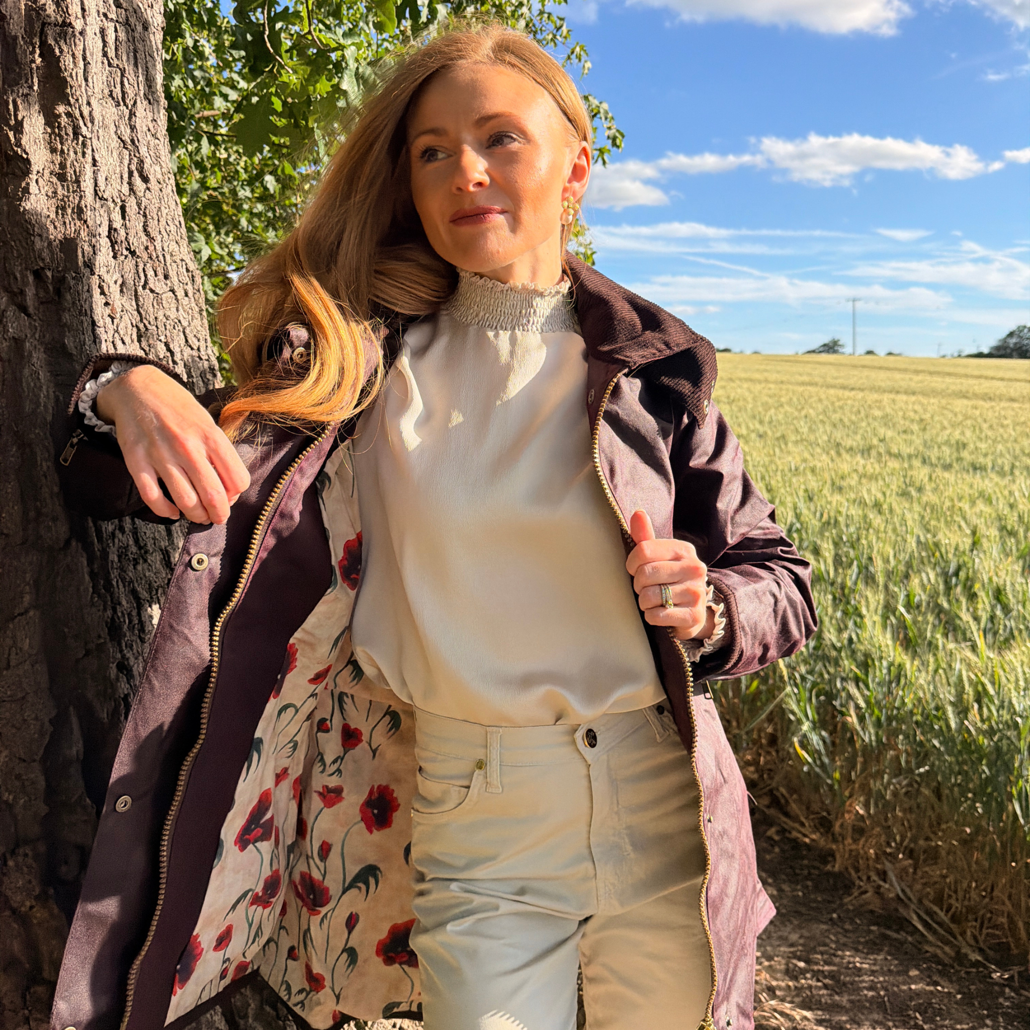 Louise Mahogany Poppy Lined Wax Coat