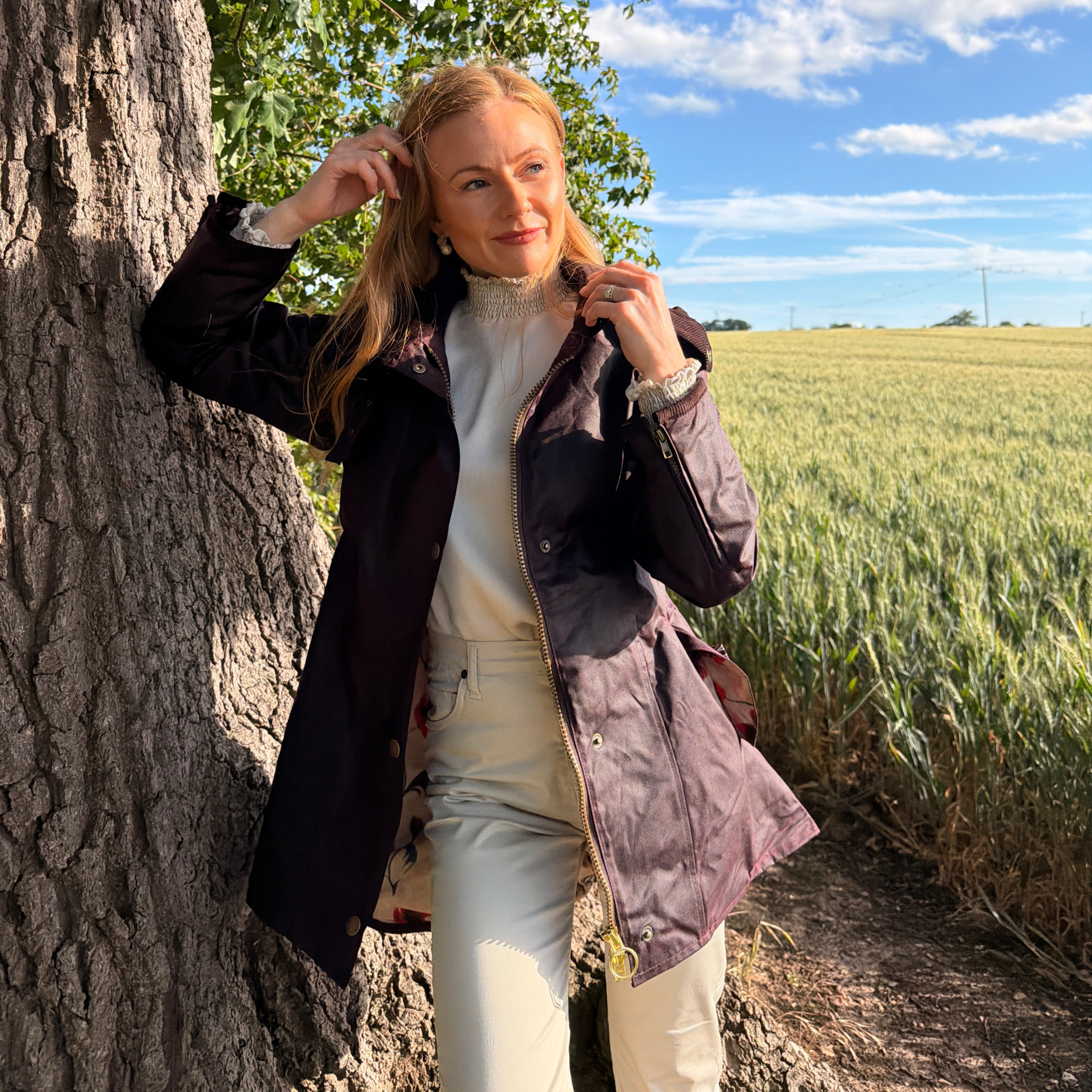 Louise Mahogany Poppy Lined Wax Coat