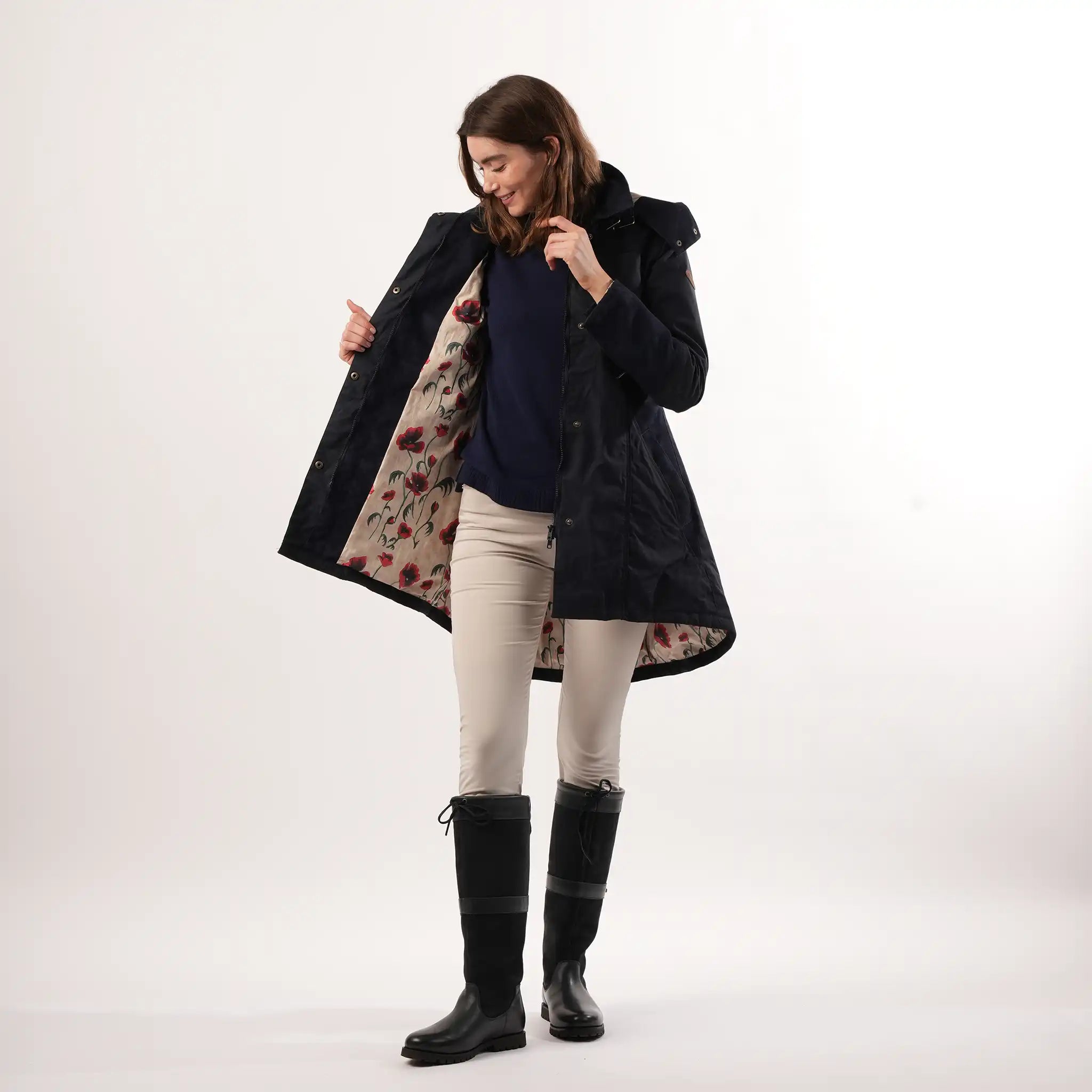 Odette Navy Poppy Lined Waterproof Coat