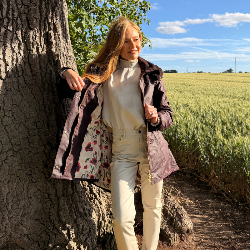 Louise Mahogany Poppy Lined Wax Coat