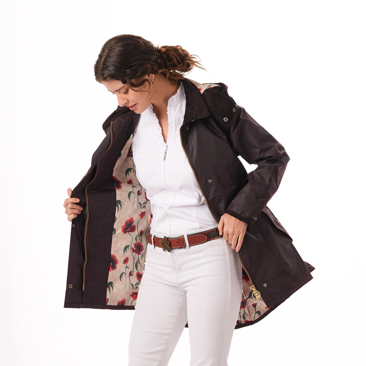 Louise Mahogany Poppy Lined Wax Coat