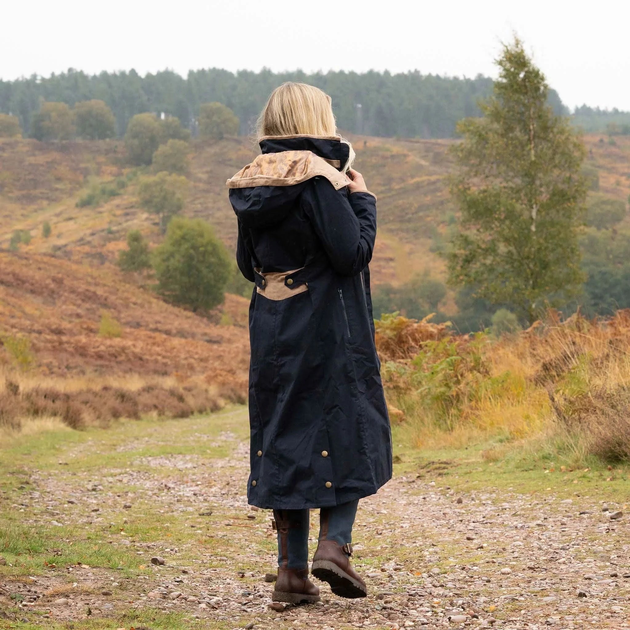 Eleanor Navy/Tan Long Waterproof Coat - Welligogs