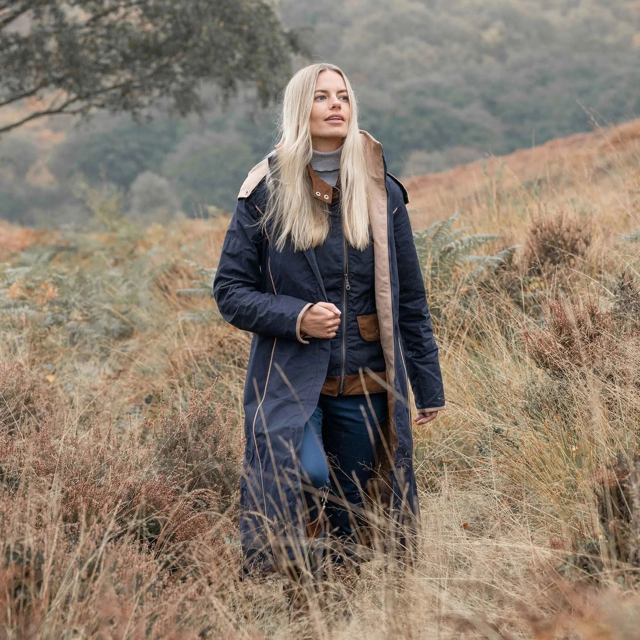 Eleanor Navy/Tan Long Waterproof Coat - Welligogs