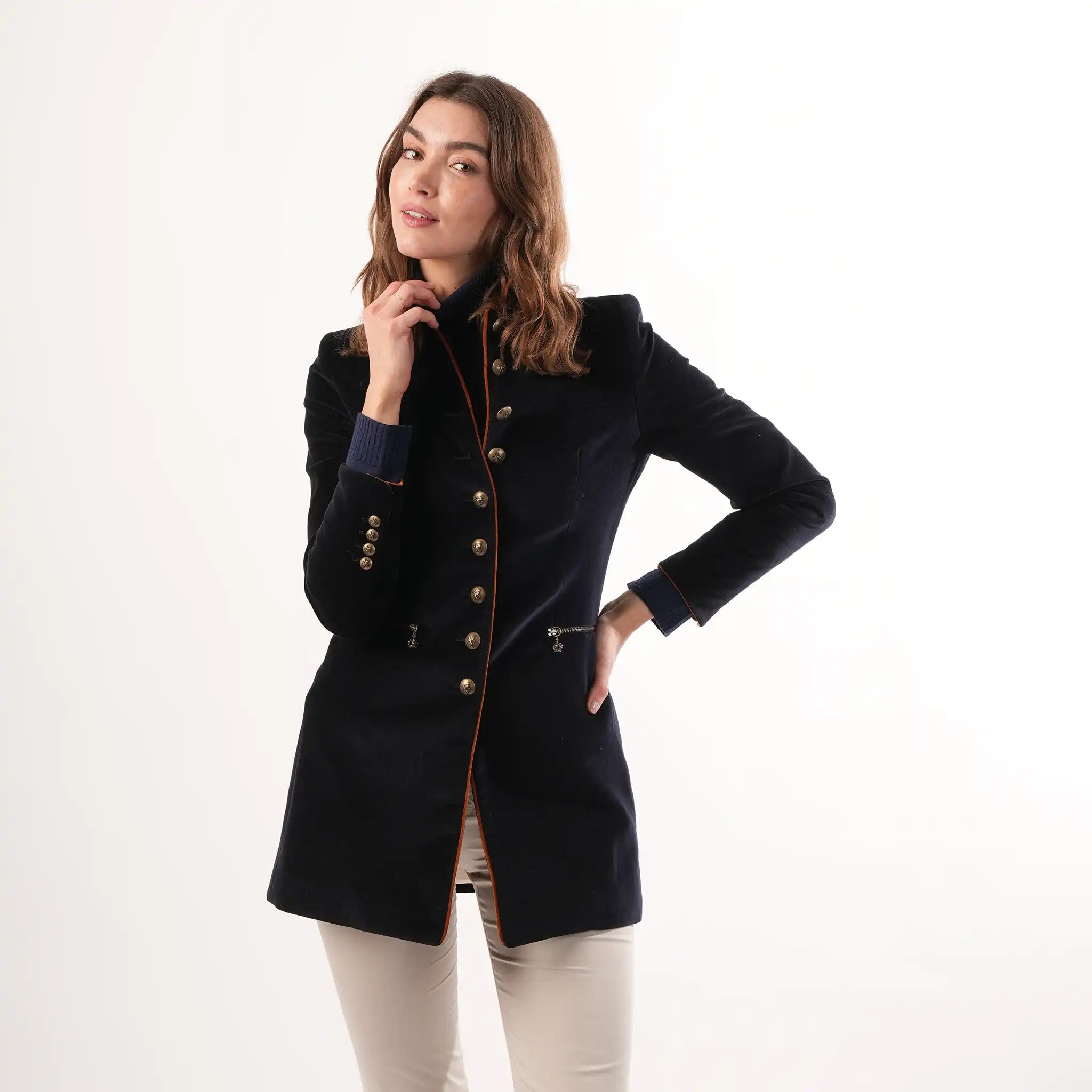 Seville Navy Coat | Womens Navy Velvet Coat | Coats For Women