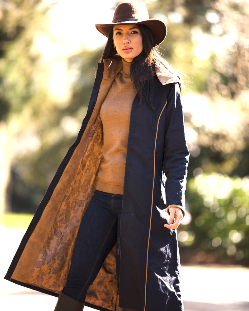 Eleanor Navy/Tan Long Waterproof Coat - Welligogs